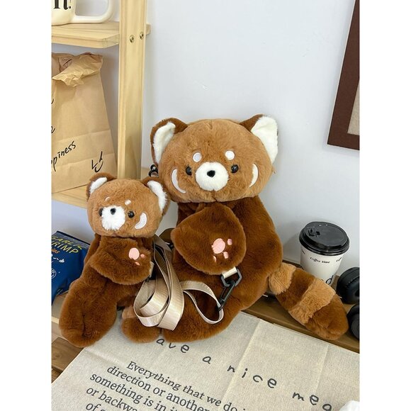 Large Red Panda Shoulder Bag - Ultra-Soft Plush Backpack with Zipper Storage - Picture 3 of 7